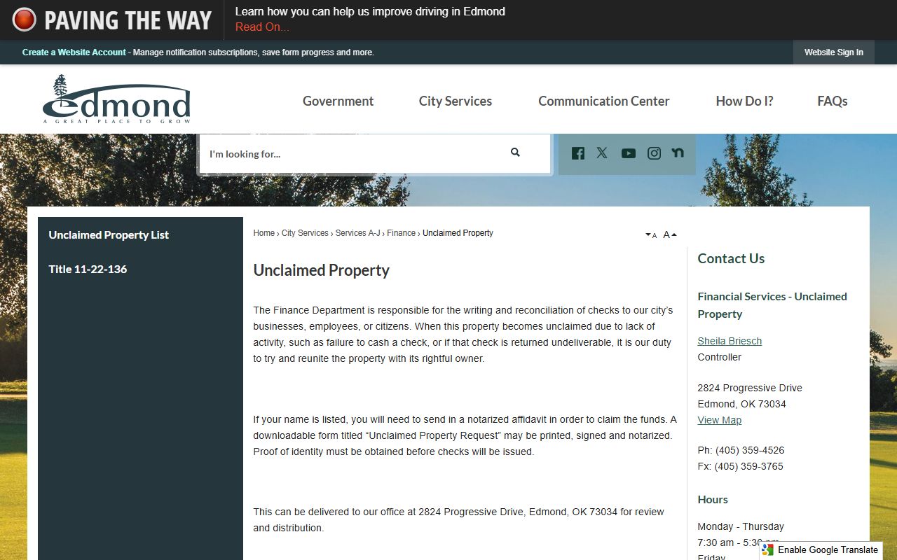 Edmond unclaimed money property page