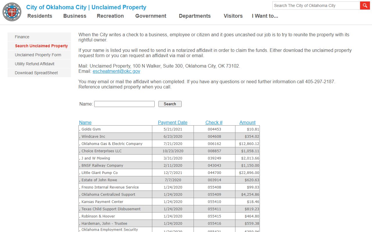Oklahoma City unclaimed property search portal