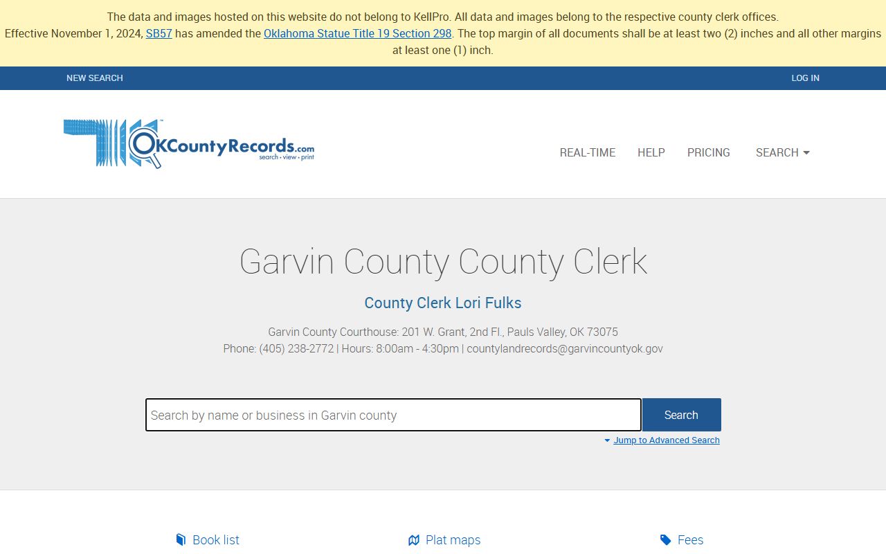 Garvin County Clerk records portal showing land and instrument records