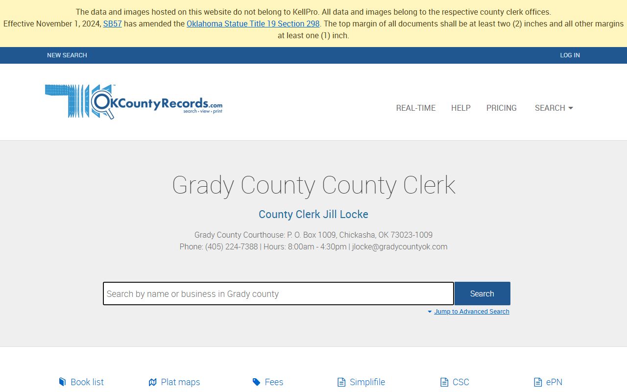 Grady County Clerk records search portal for Chickasha area property and instruments