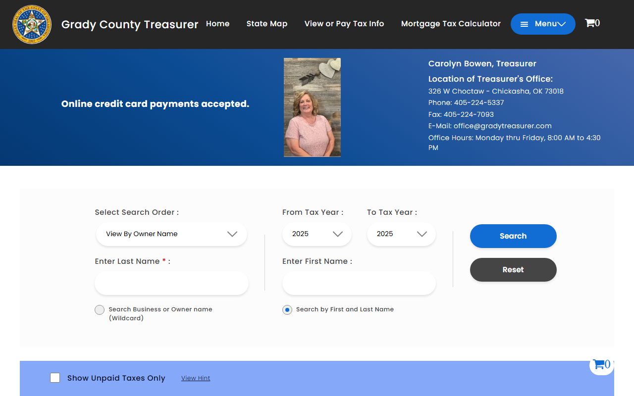 Grady County Treasurer tax roll search for Chickasha area property records