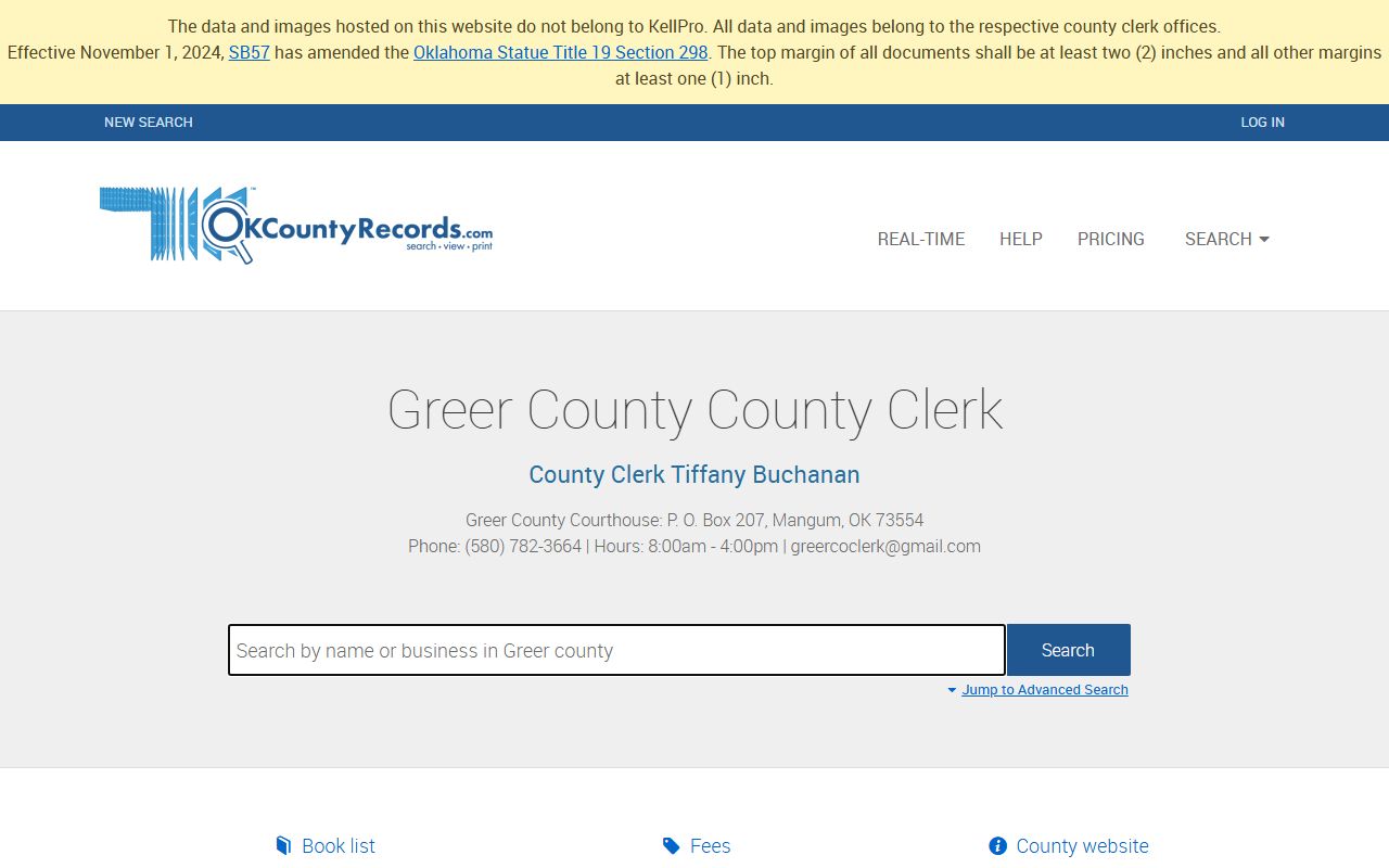 Greer County Clerk records portal for Mangum area property and land instruments