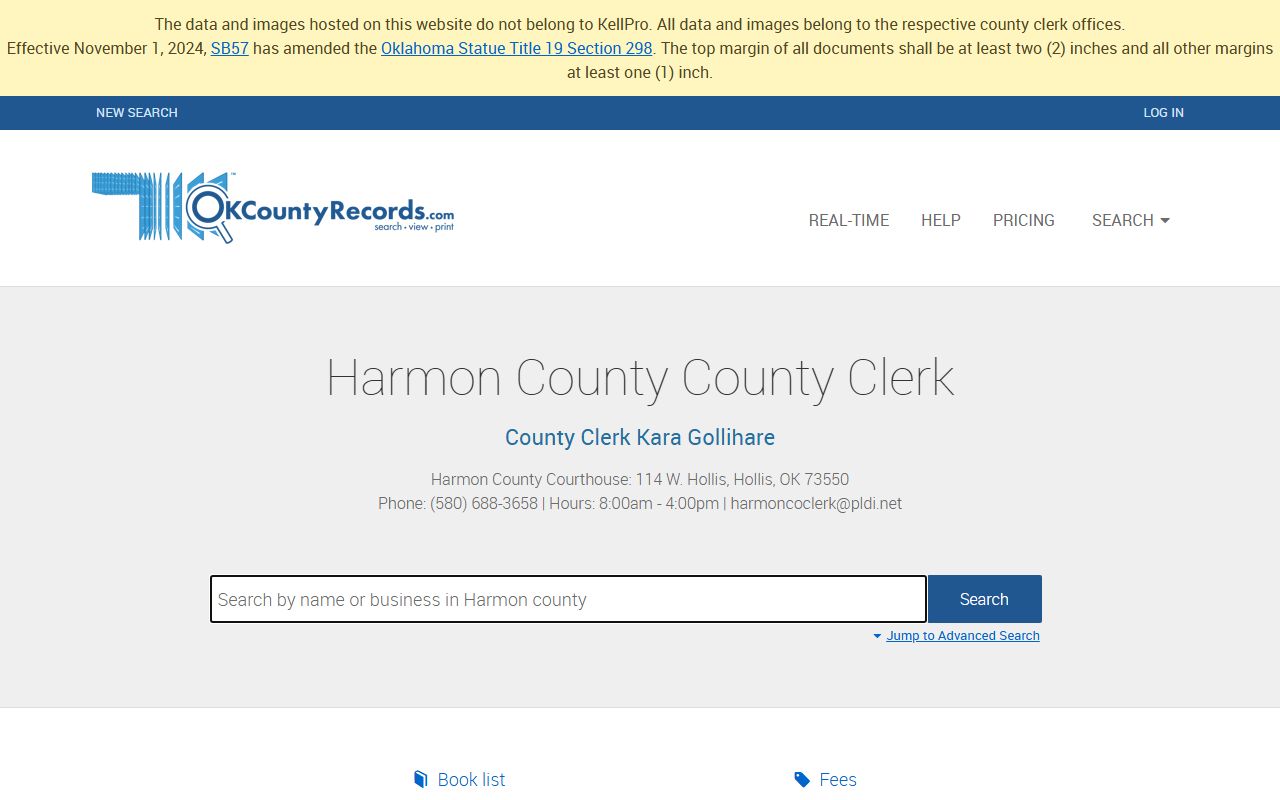 Harmon County Clerk records portal showing property instruments filed in Hollis