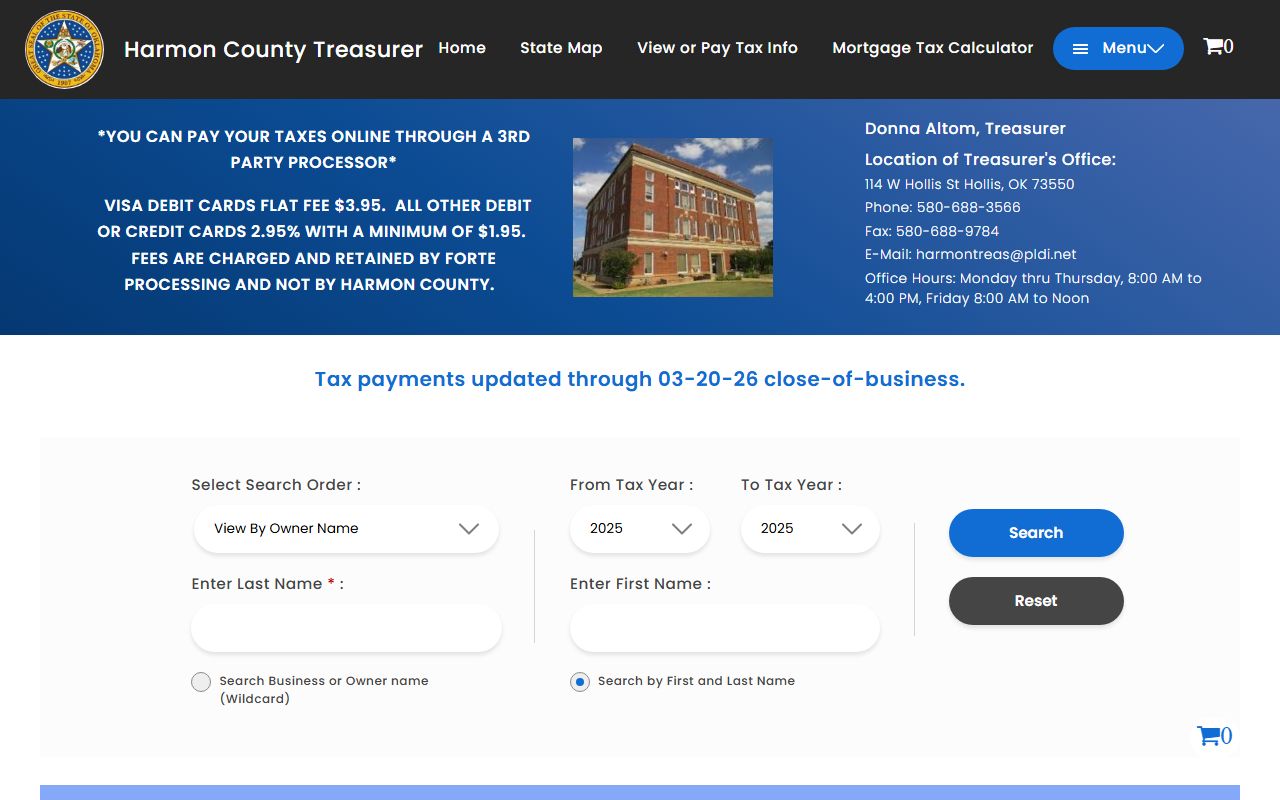 Harmon County tax roll search showing property records for Hollis area