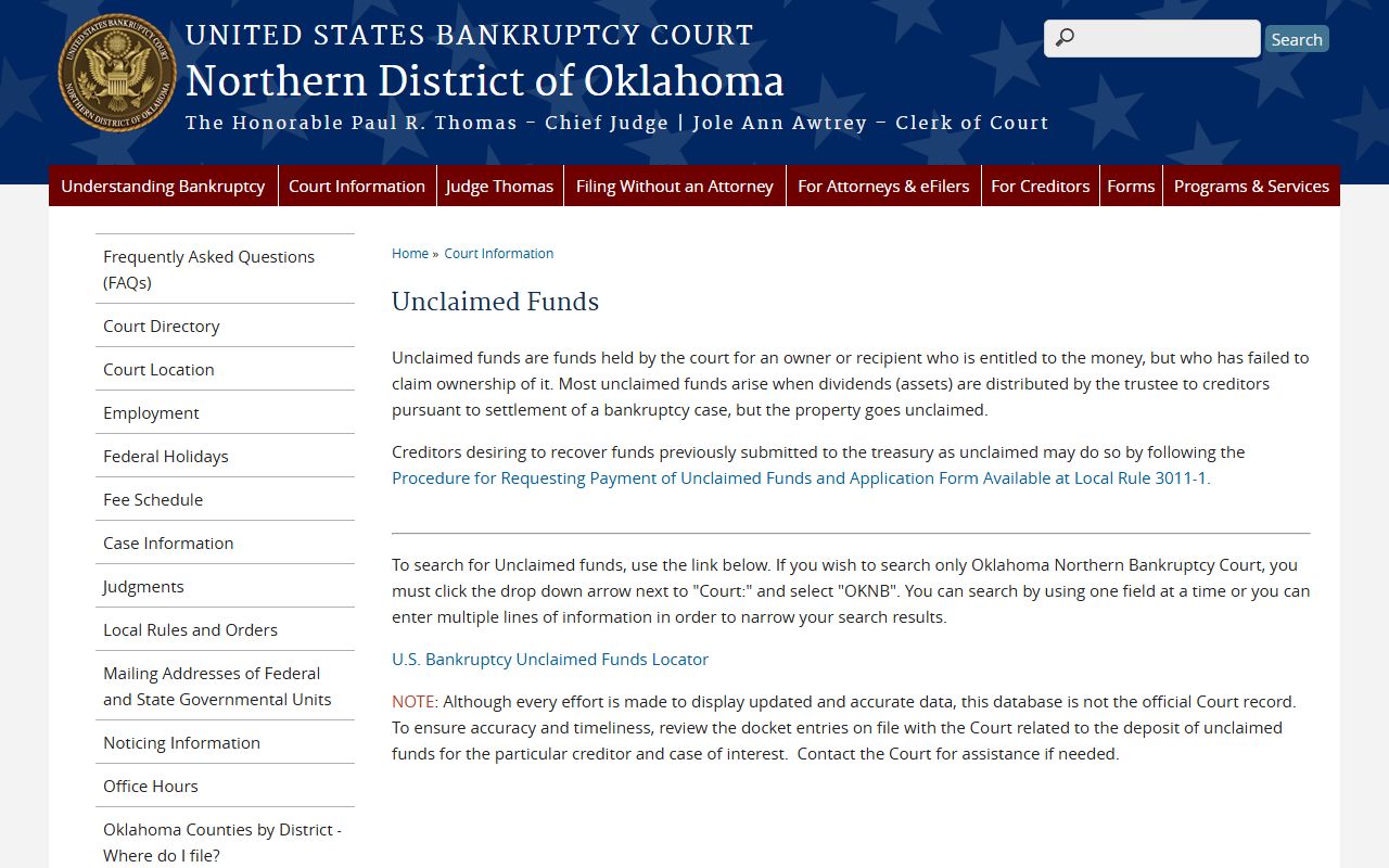 U.S. Bankruptcy Court Northern District Oklahoma Unclaimed Funds Page