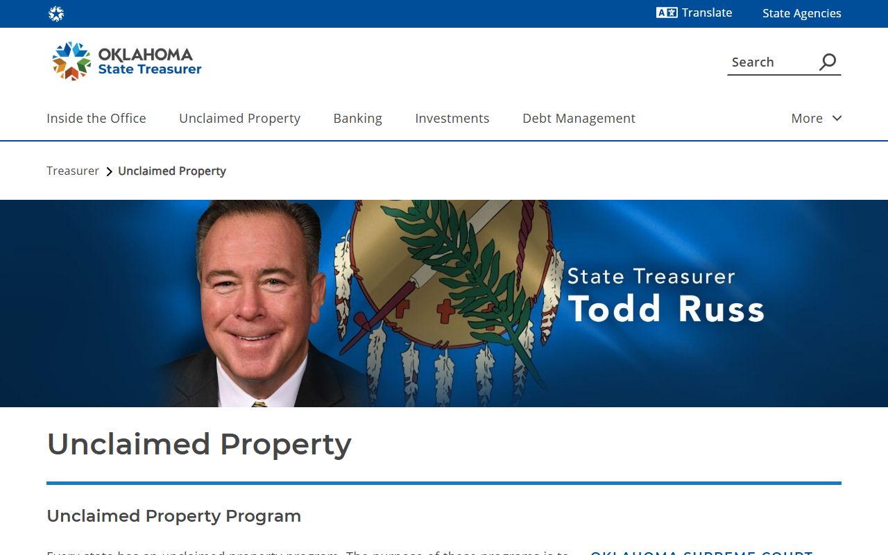 Oklahoma State Treasurer Unclaimed Property Information Page at oklahoma.gov